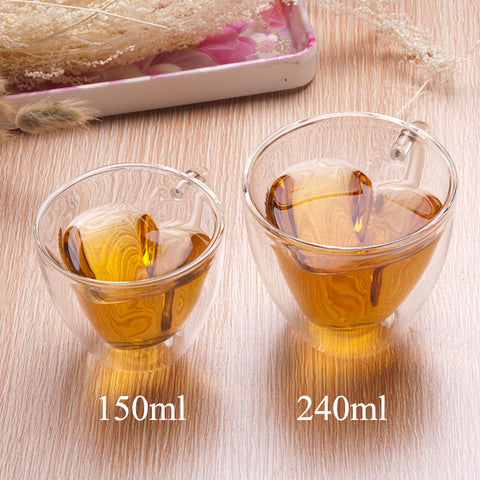 Easicozi Heart Shaped Double Walled Insulated Glass Coffee Mugs or Tea Cups, Double Wall Glass 8 oz, Clear